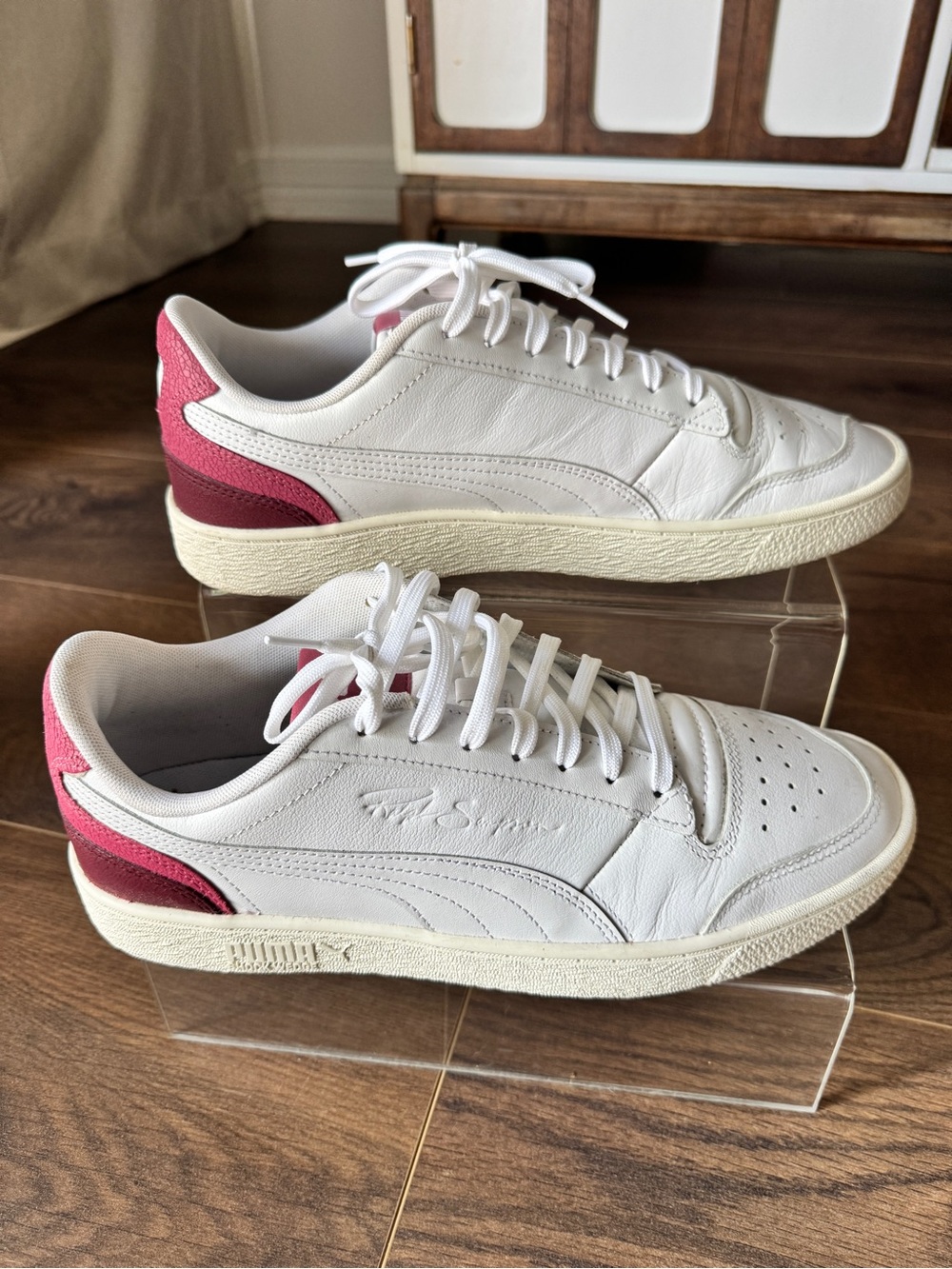 Puma Ralph Sampson White Leather Sneakers with Burgundy Heel Accents